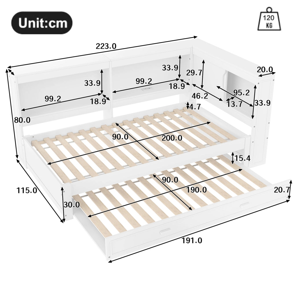 LETTO 90x200 cm con letto estraibile, LED, presa, USB e Type-C, Bianco