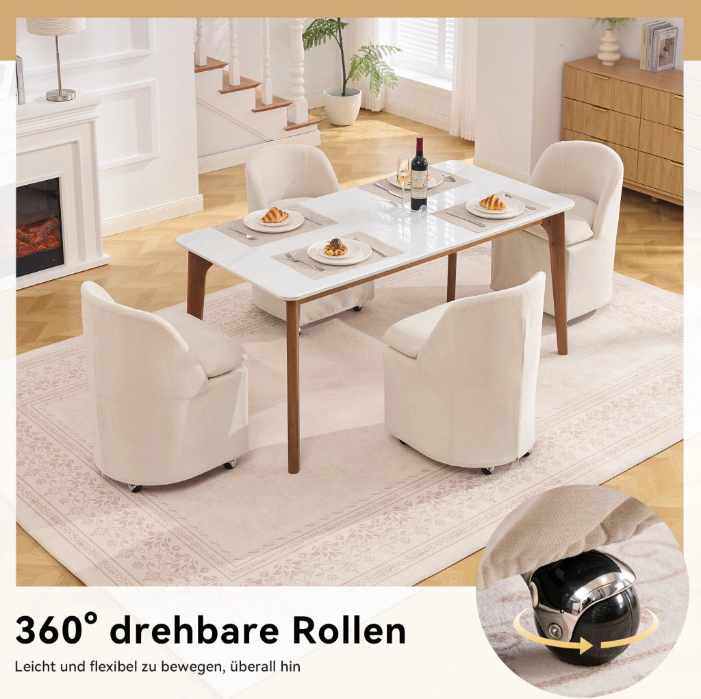 Set di 2 sedie da pranzo in chenille beige con ruote