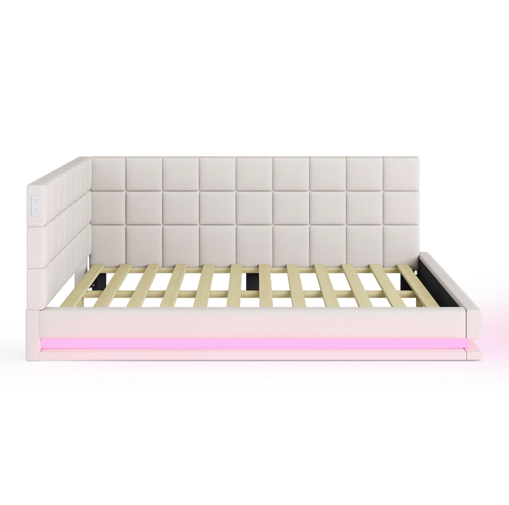 Divano letto imbottito 160x200 cm beige con LED RGB, USB e rete a doghe