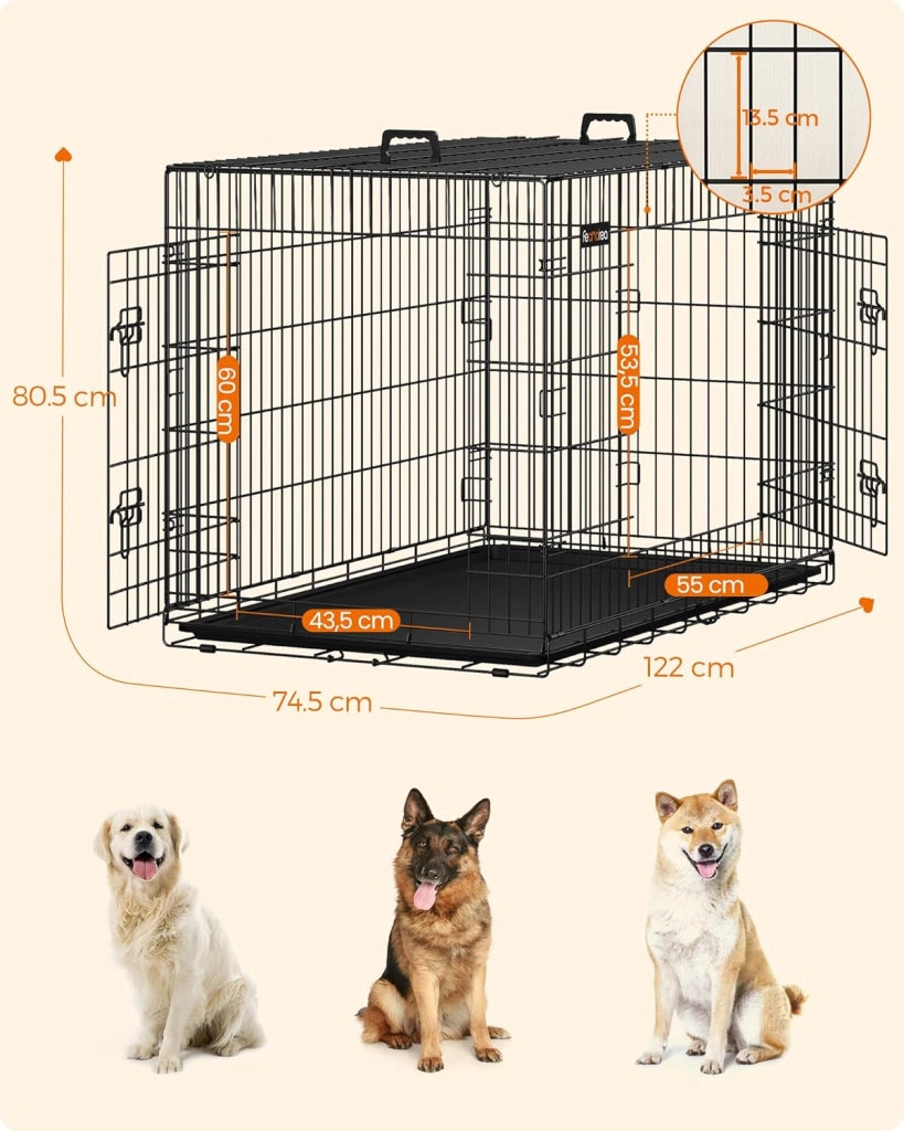 Feandrea Gabbia per Cani Pieghevole, con 2 Porte, Divisorio, Vassoio Rimovibile, 122 x 74,5 x 80,5 cm, XXL, Nero PPD48BK