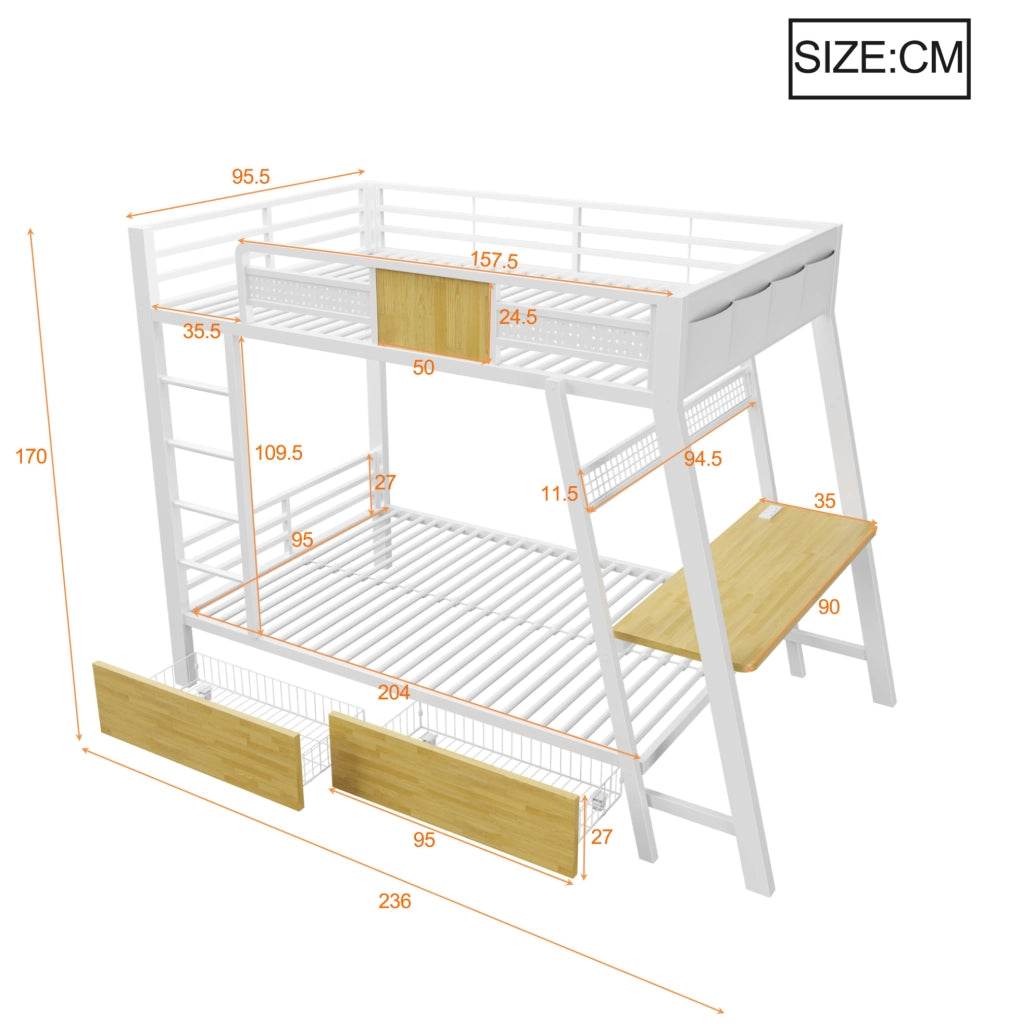 Letto a castello 90x200 cm bianco in metallo; scrivania con prese USB e Type-C