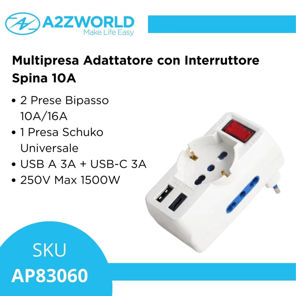 Adattatore con Interruttore Spina 10A con 2 Prese Bipasso 10A/16A e 1 Schuko 1 USB A e 1 USB C 5V/3A 250V Max 1500W Bianco
