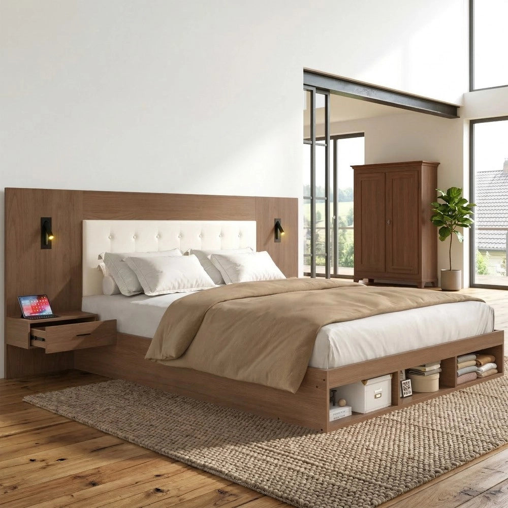 Letto matrimoniale con vano - Zephmum- 180x200cm- Legno noce- USB Type-C luce lettura