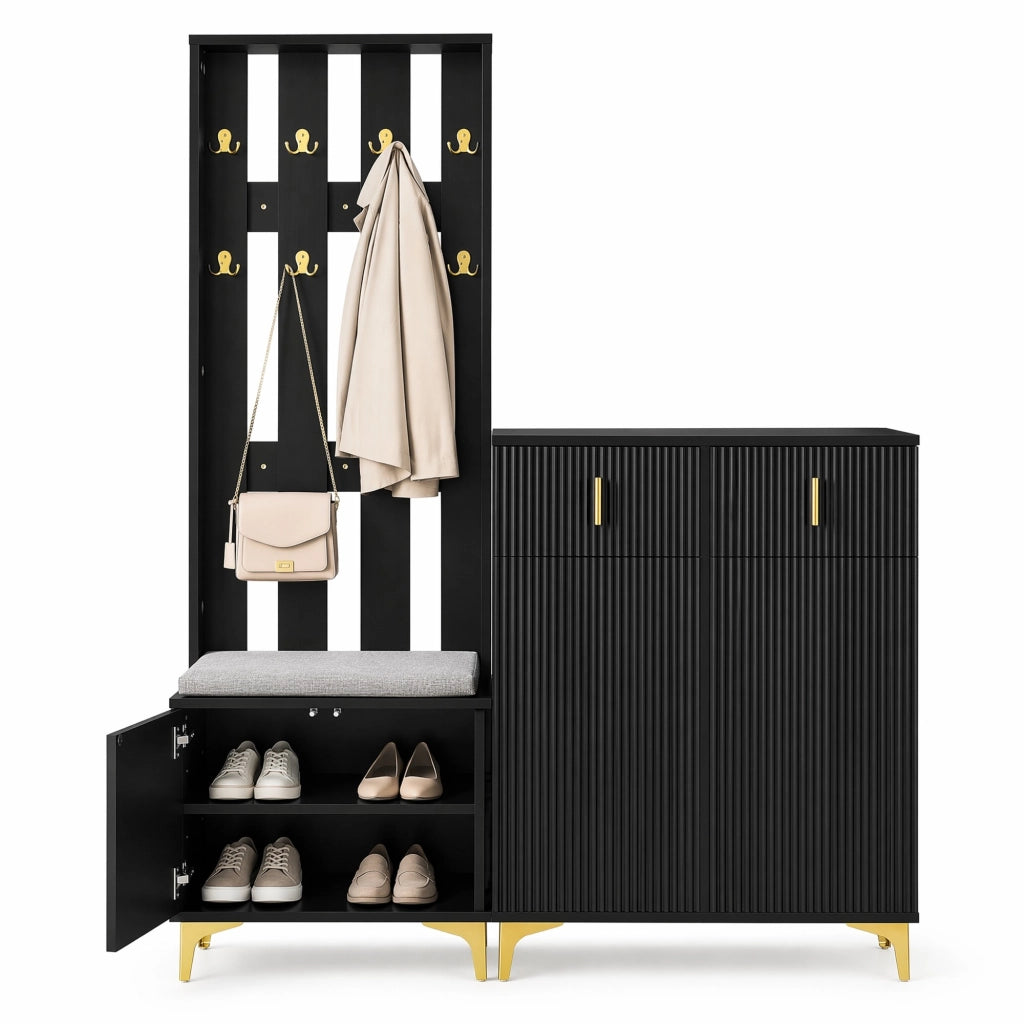 Set ingresso con scarpiera e panca; appendiabiti con ganci; nero; in truciolare