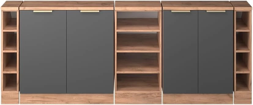 Set di mobili sottotetto Rion, Antracite-oro, 210 cm Set di 5 carcasse armadio profondità 60 cm, adatto per il salvaspazio sotto tetti spioventi