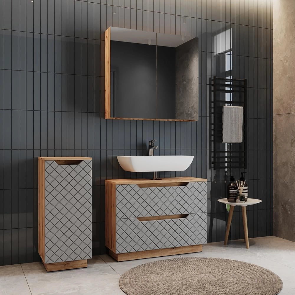 Set di mobili da bagno Lotta, Rovere/grigio con struttura in piastrelle, 3 parti