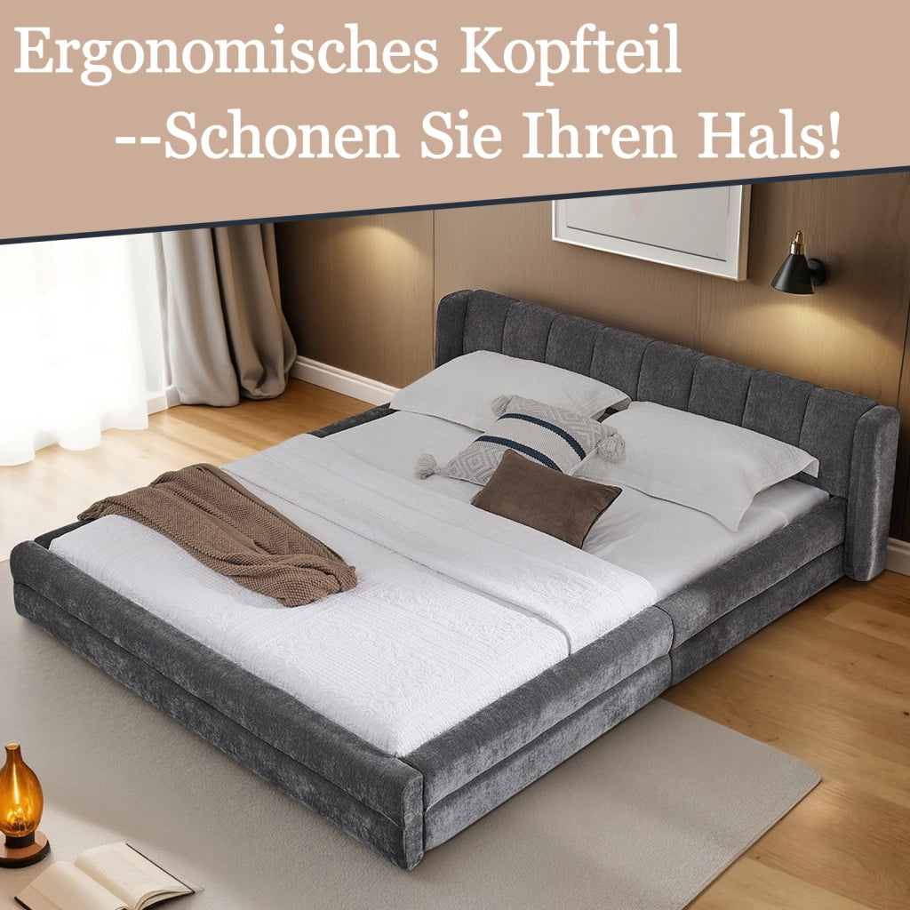 Letto matrimoniale 140 × 200 cm con testiera imbottita, senza materasso, in ciniglia, grigio scuro