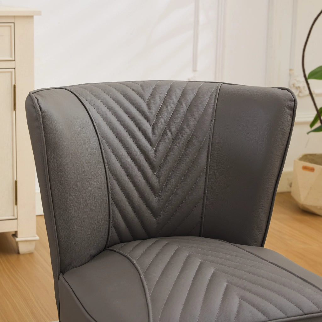 Poltrona senza braccioli in pelle con cuciture diagonali e base in legno - grigio