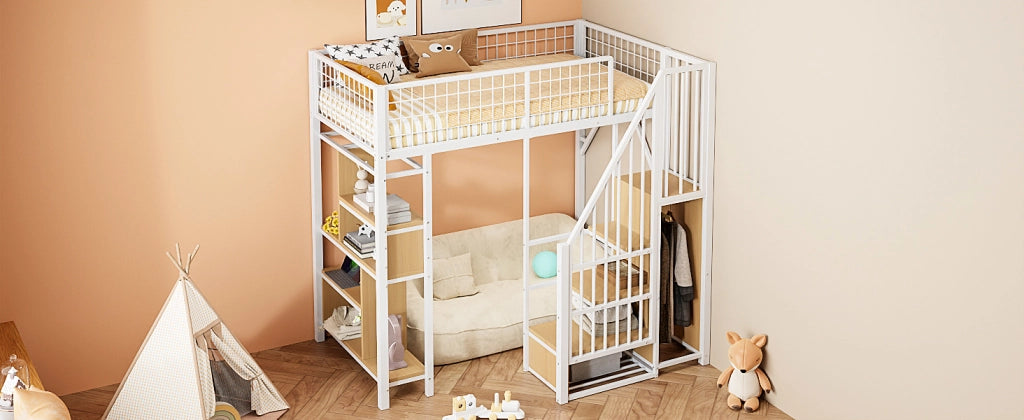 Letto a castello bianco con funzione contenitore in metallo e legno 90x200 cm