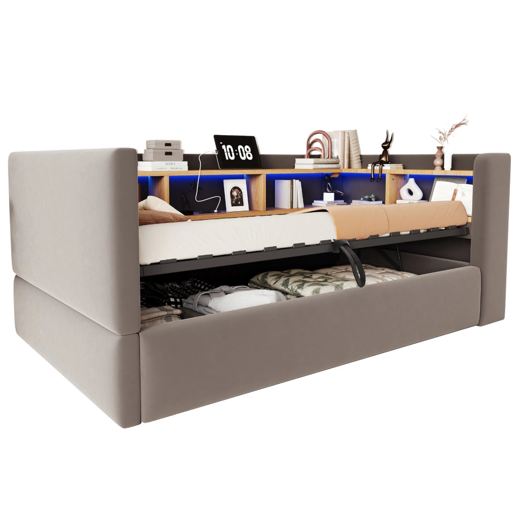 Divano letto 90x190 cm con contenitore idraulico; LED e prese in flanella grigio scuro