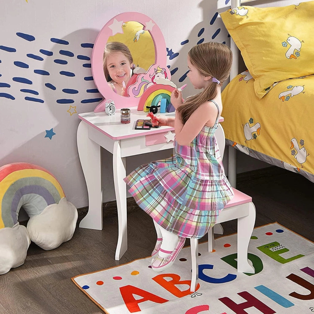 Toeletta per bambine, toeletta principesse con sgabello specchio smontabile e cassetto Bianco-Toelette per bimbi