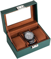 Scatola orologio con 3 compartimenti, Cassetto orologio con coperchio in vetro, Cassetto orologio con cuscino orologio, Ripiano orologio, Scatola orologio premium, Cassetto orologio in pelle PU, Scatola orologio per uomini - 3 compartimenti, Verde
