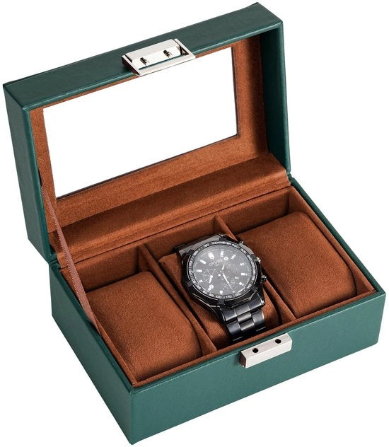 Scatola orologio con 3 compartimenti, Cassetto orologio con coperchio in vetro, Cassetto orologio con cuscino orologio, Ripiano orologio, Scatola orologio premium, Cassetto orologio in pelle PU, Scatola orologio per uomini - 3 compartimenti, Verde