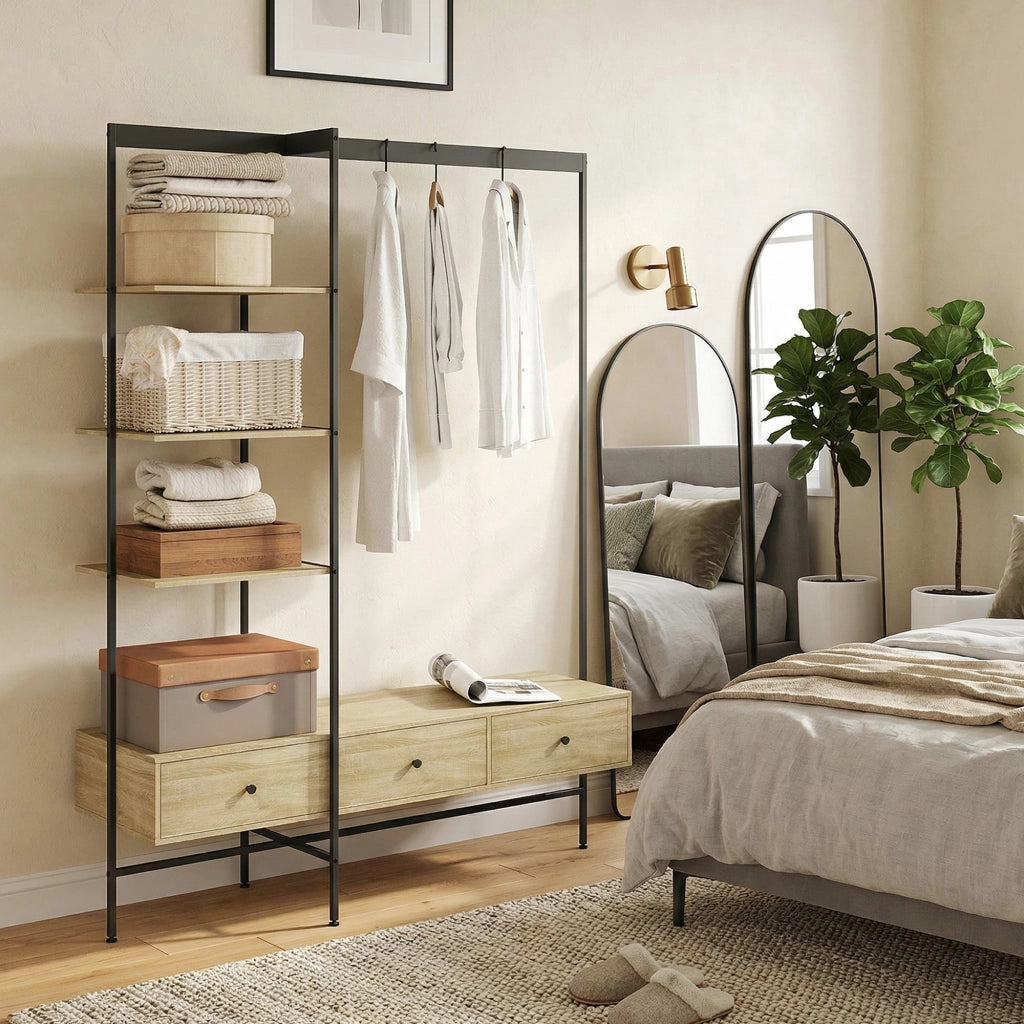 Guardaroba a colonna con scaffali, cassetti e appendiabiti ¨C zephmum ¨C quercia 180x45x180 cm