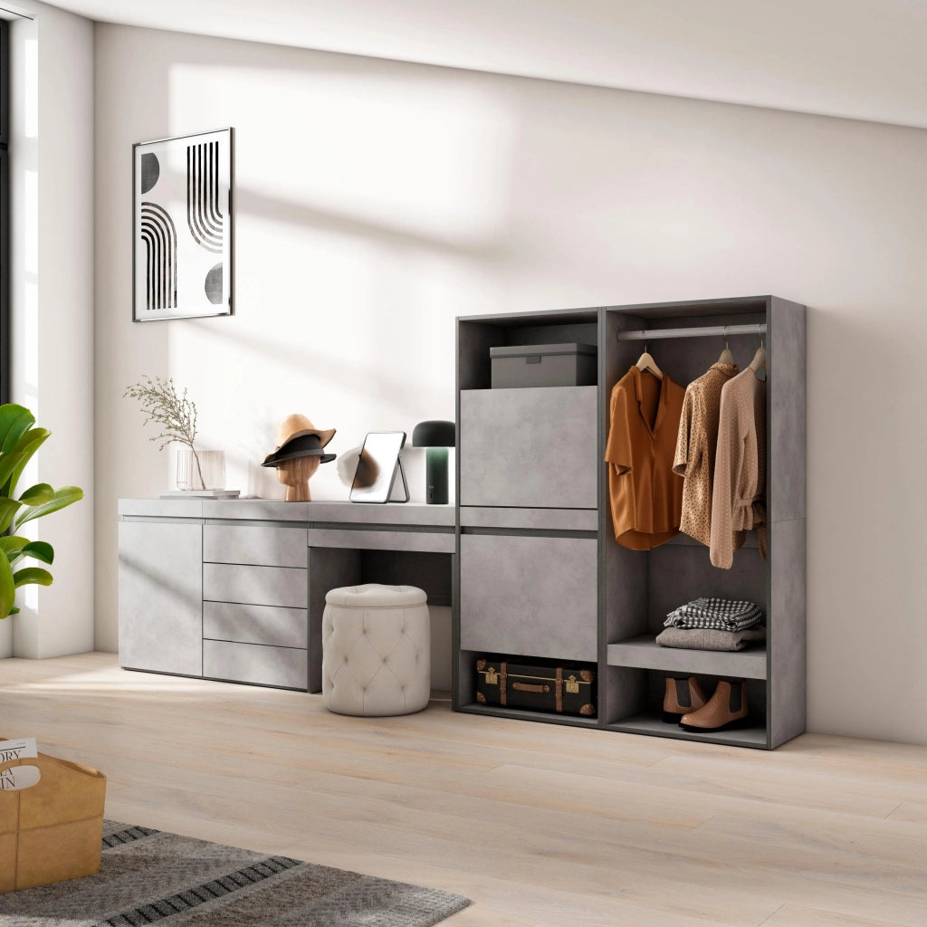 Scarpiera, 297x35x145cm, Camera da letto, Armadio Aperto, Cassettiera, Tavolo da toeletta, grigio cemento RF3529