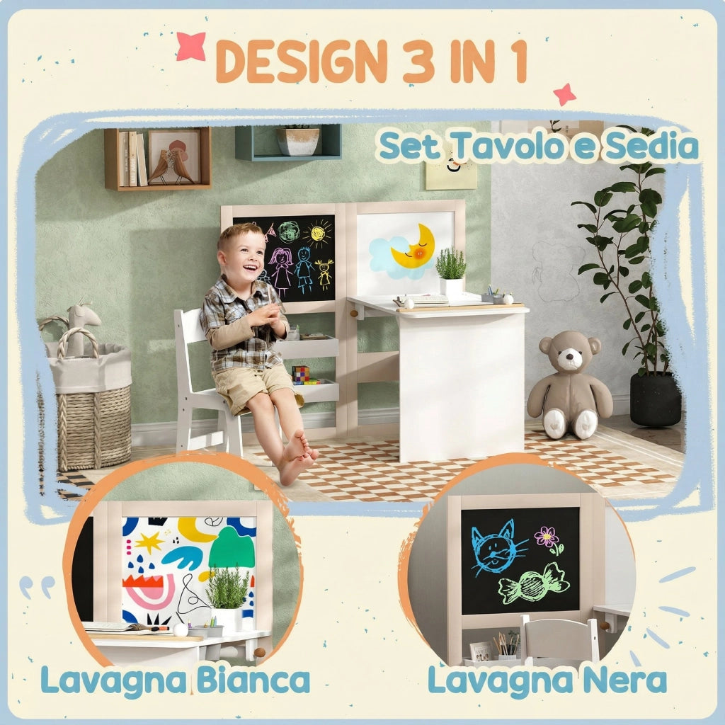 Set Tavolo e Sedia per Bambini 3-8 Anni con Lavagna Nera, Lavagna Bianca, Contenitori e Rotolo di Carta, Bianco