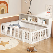 DESMIU Letto per bambini 90 × 200 cm con ripiani e sponda, senza materasso, in pino e MDF, bianco
