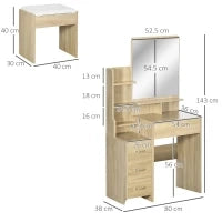 Toeletta da Trucco con Specchio, Tavolo da Trucco, Sgabello, 4 Cassetti e 4 Ripiani, Colore Legno