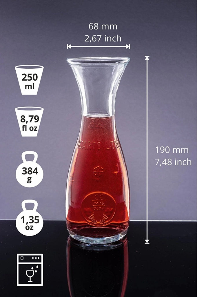BROCCA 250ML MISURA CARAFFA IN VETRO COLLO D'OCA PER ACQUA E VINO QUARTO LITRO