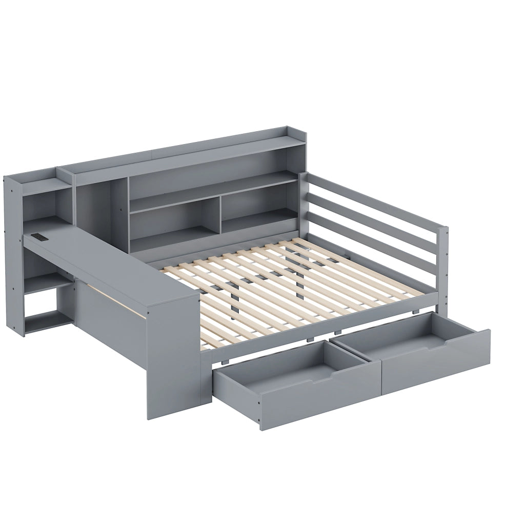DESMIU Divano letto 140 × 200 cm per 2 posti con scrivania, ripiani, USB e Type-C, senza materasso, grigio