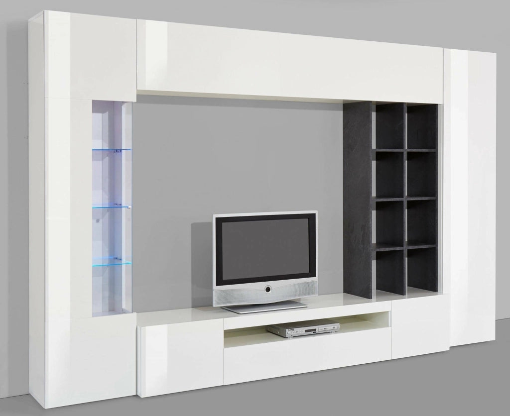 Mobile Soggiorno Andy, Parete Attrezzata 20 Ripiani Made in Italy, 290x40x192h cm Bianco Lucido