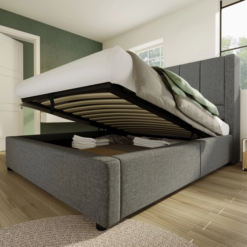 Letto Contenitore Imbottito Singolo 90x200 ¨C MINIMAL ¨C Tessuto Grigio, Idraulico, Rete a Doghe