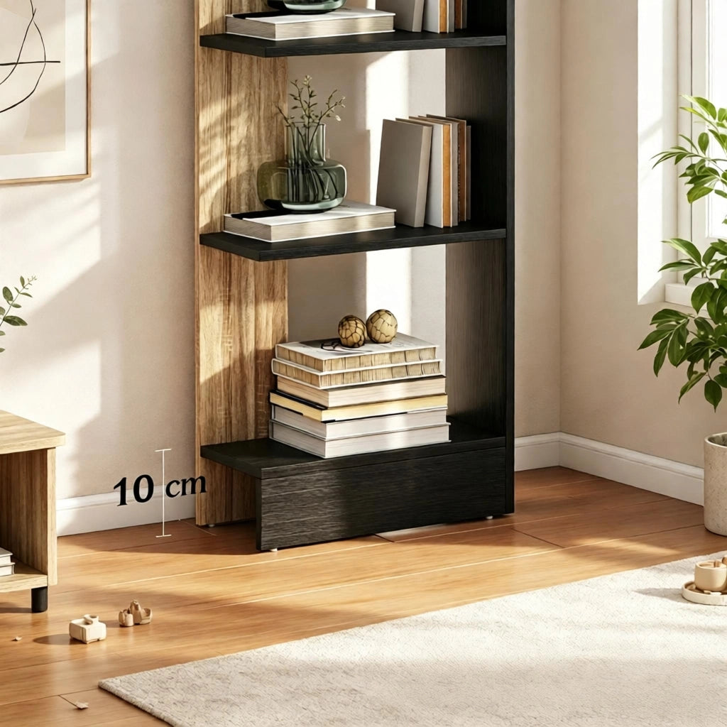 Libreria a 5 ripiani aperti in truciolare E1, nero e rovere, 45x21x170 cm