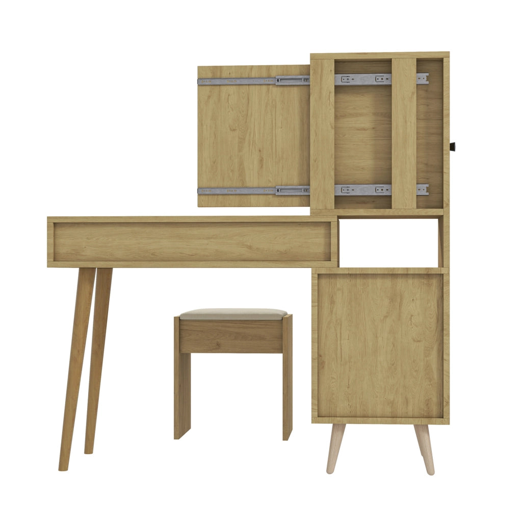 Tavolo da trucco moderno con specchio estraibile; piano allungabile 84 x 40 cm; legno ingegnerizzato naturale e beige