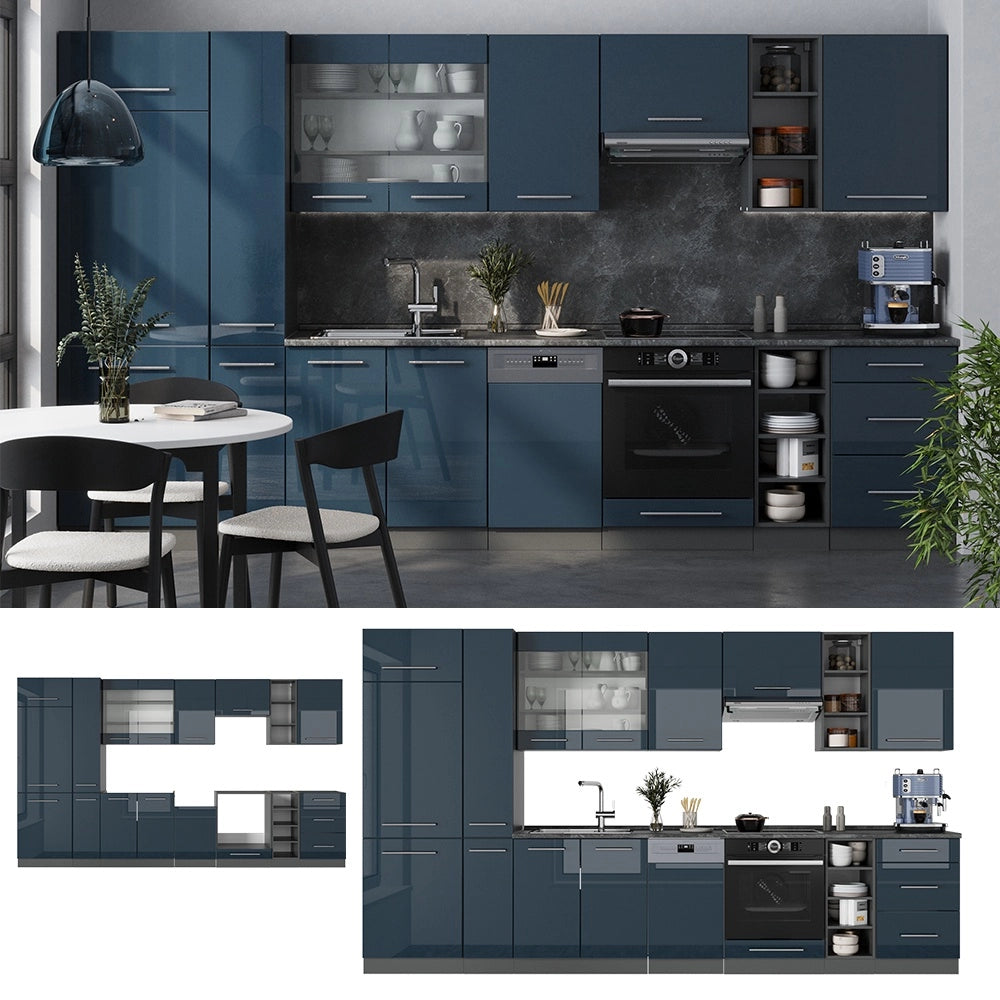Cucina componibile Fame-Line Blu scuro lucido/Antracite 355 cm, PL Marmo Vicco