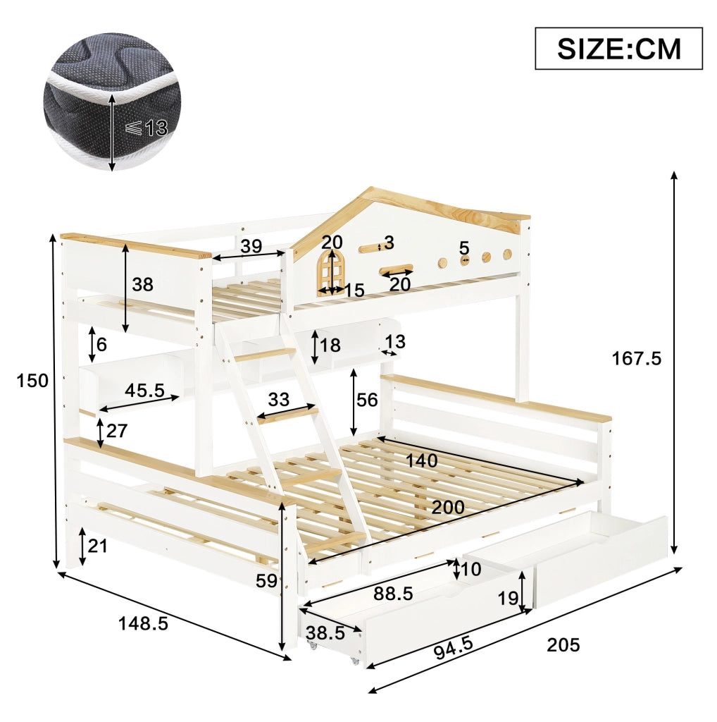 Letto a castello per bambini 90x200 e 140x200 cm con cassetti; scaffale aperto; legno e MDF bianco e naturale