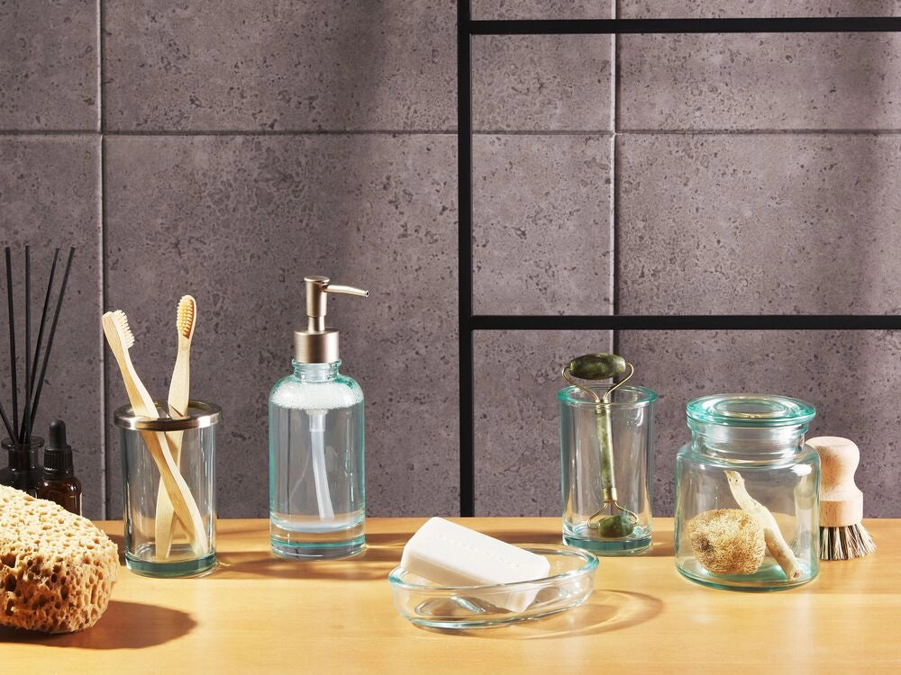 Set di accessori per il bagno in 5 pezzi Dispenser di sapone in vetro verde Glam Portasapone Portaspazzolino Tazza