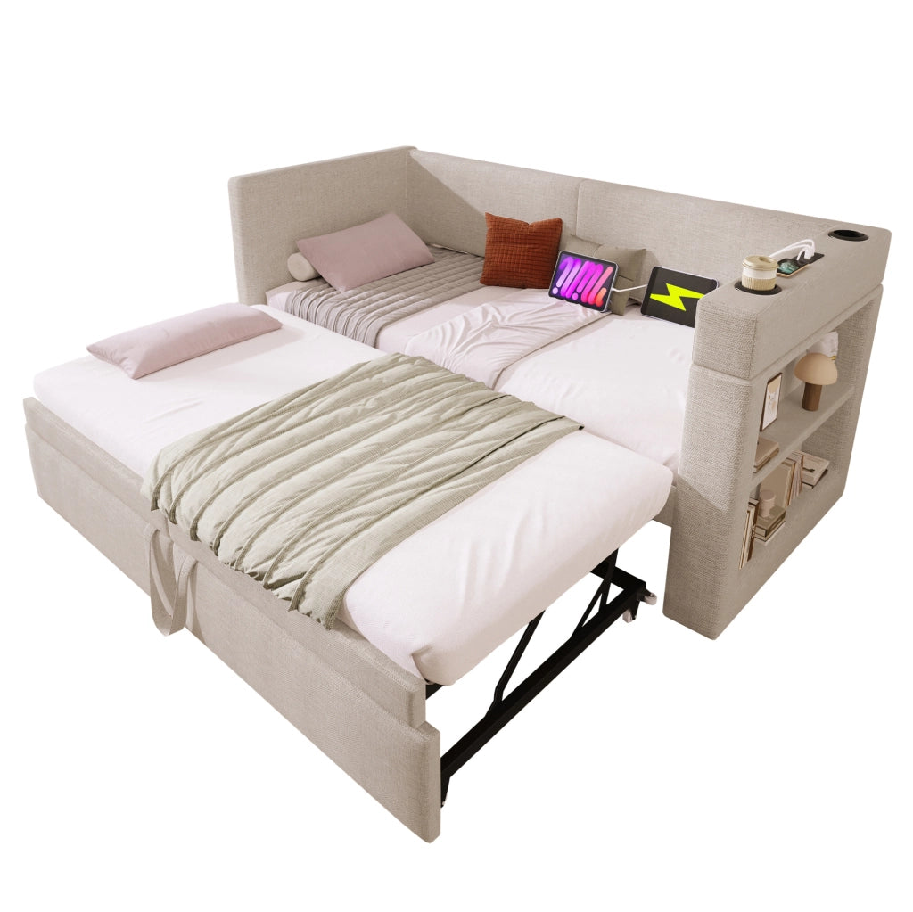 Daybed imbottito 90x200 cm con letto estraibile, USB, Type-C e portabicchieri
