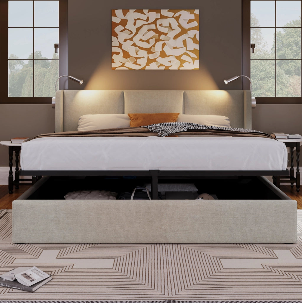 Letto imbottito 140x200 cm beige con contenitore, luce da lettura USB e materasso H3