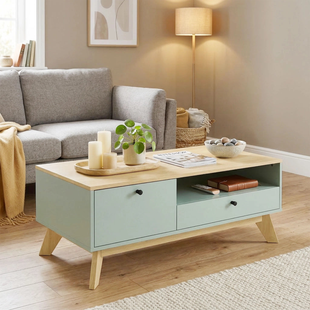 Tavolino da salotto con cassetto ¨C Zephmum ¨C Verde chiaro e quercia