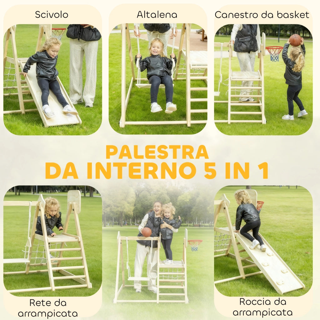 Gioco Arrampicata 5 in 1 Pieghevole 140x172,5x116,5 cm con Scivolo 2 Pareti Altalena e Canestro in Legno