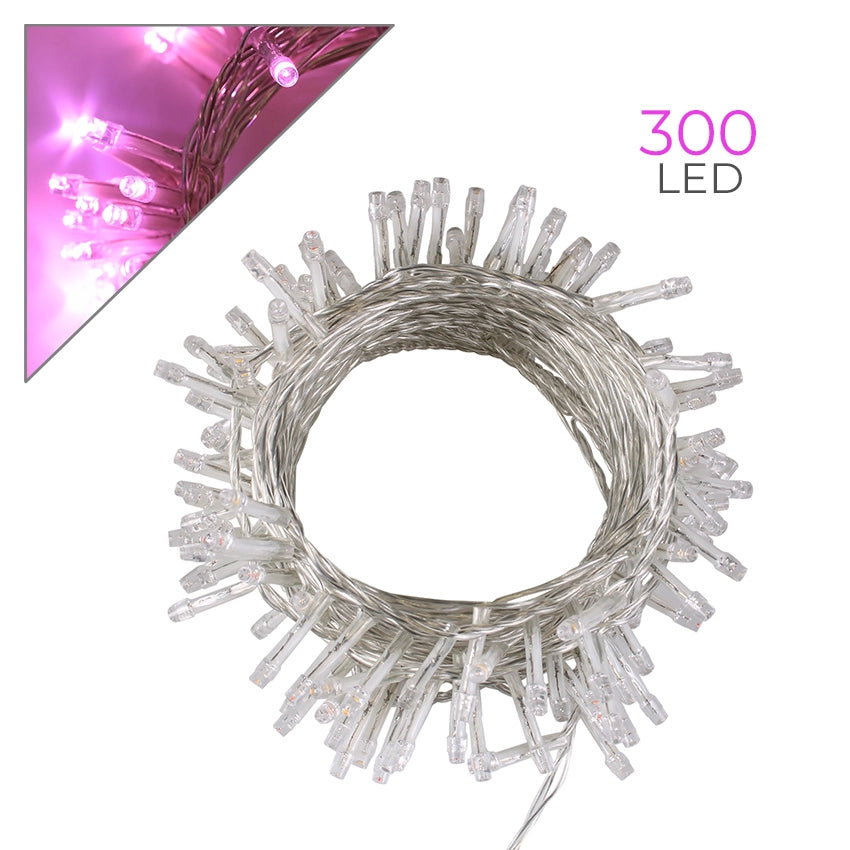 CATENA LUMINOSA 300 LED ROSA CAVO TRASPARENTE DA 15 METRI CON TRASFORMATORE 31V - PERFETTA PER DECORAZIONI INTERNE ED ESTERNE