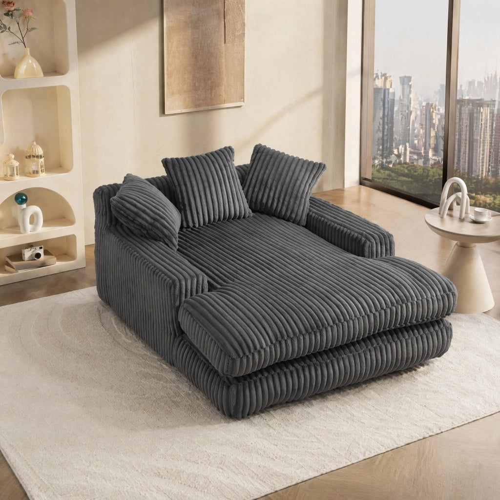 Poltrona chaise longue in velluto a coste grigio scuro con 3 cuscini e schienale spesso 125 × 155 × 63 cm
