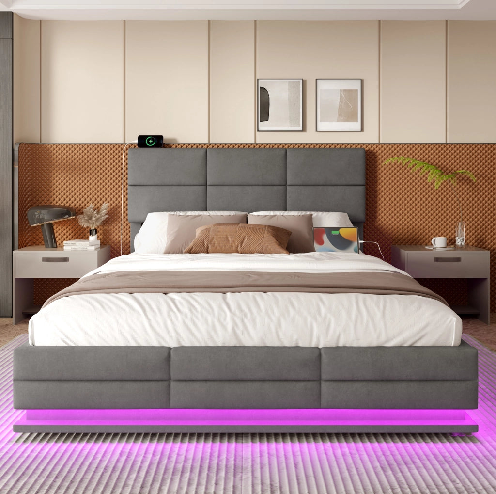 Letto 140x200 in velluto grigio con LED, USB e vano contenitore