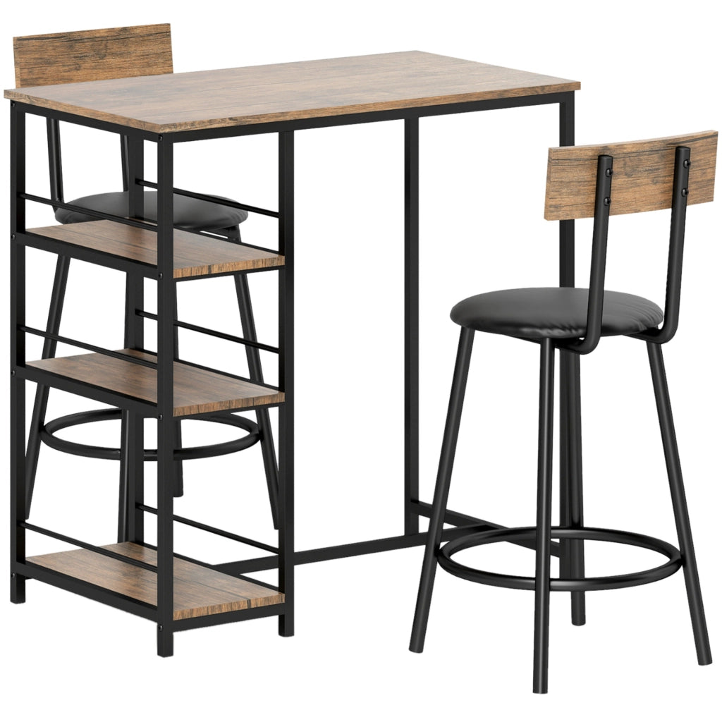 Set tavolo alto 90x50x90.5 cm con 2 sgabelli; salvaspazio; acciaio; rovere