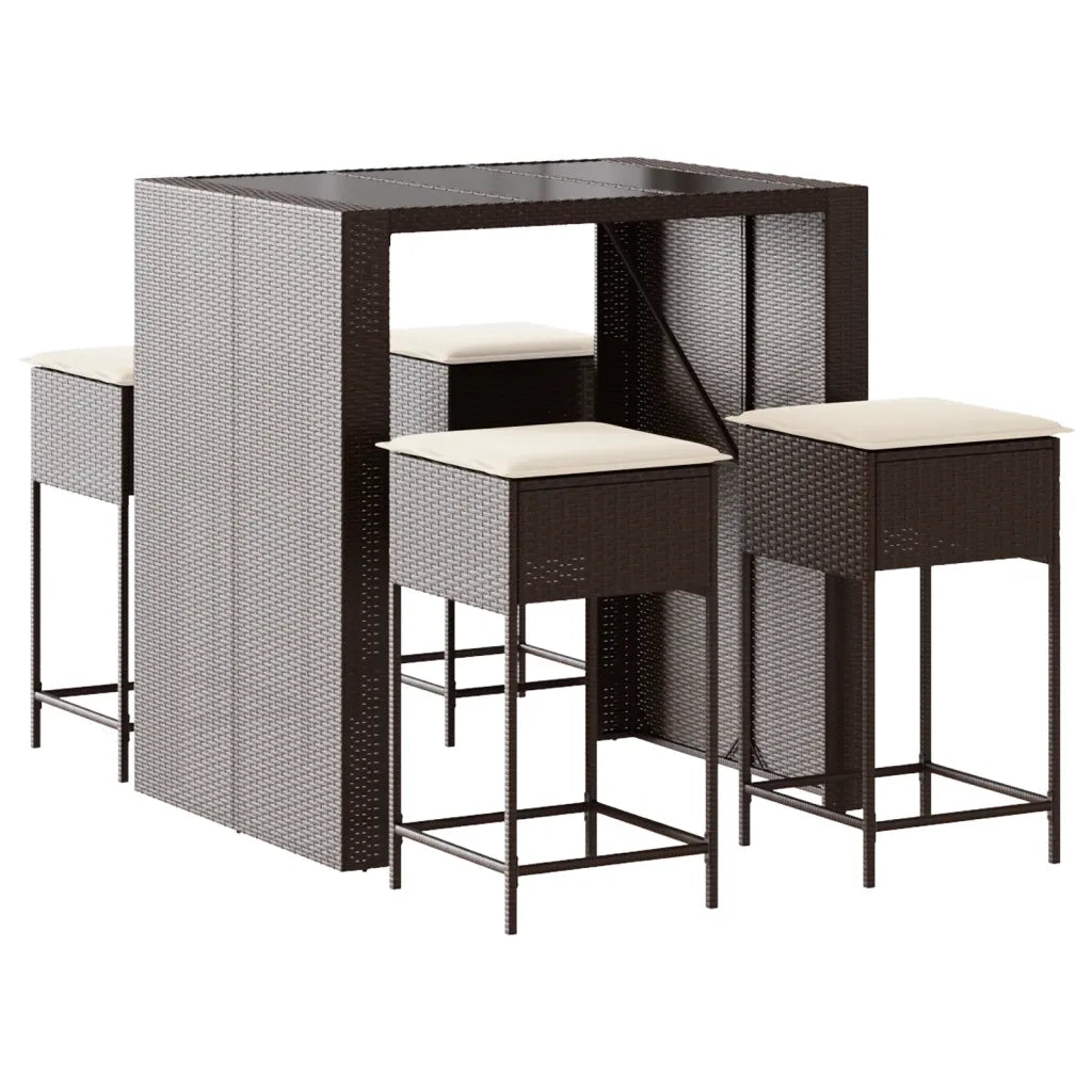Set Bar da Giardino 5 pz | Set Salotto da Giardino con Cuscini in Polyrattan Marrone