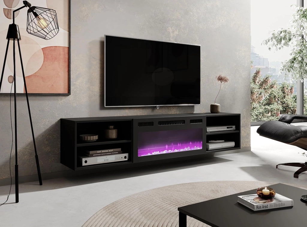 Mobile porta TV soggiorno con caminetto nero ROLLO cm 180x33x37-39h Nero Opaco