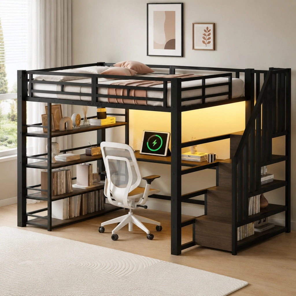 Letto a soppalco in metallo 140x200 con scrivania, scale contenitive e LED