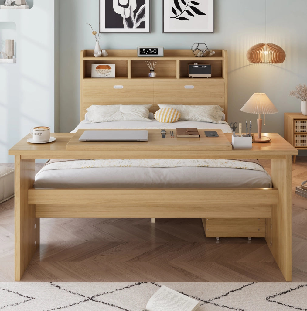 Letto multifunzione in legno 140x200 cm con contenitore e tavolo pieghevole