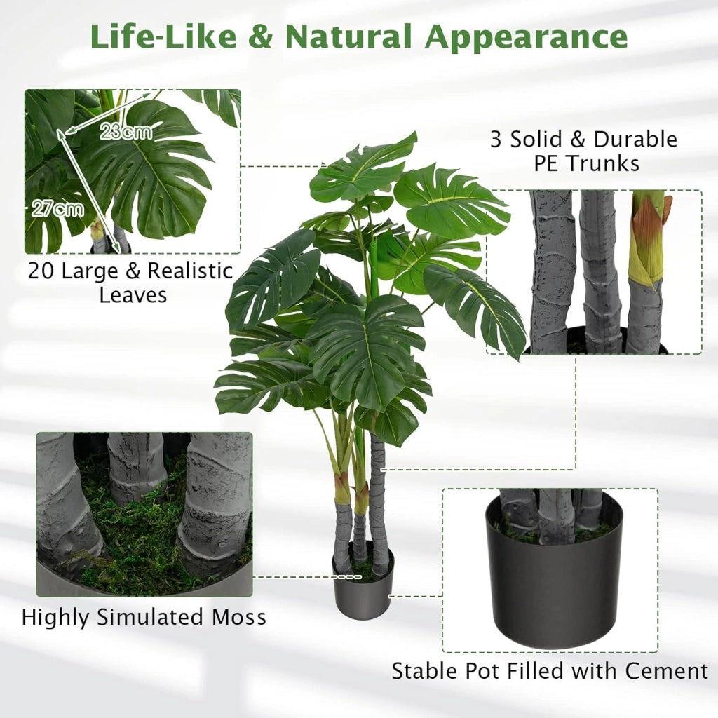 120 cm, pianta artificiale, Monstera Delisiosa, decorazione per interni in vaso di cemento, palma decorativa, 20 foglie, decorazione per interni artificiali, verde per casa e ufficio