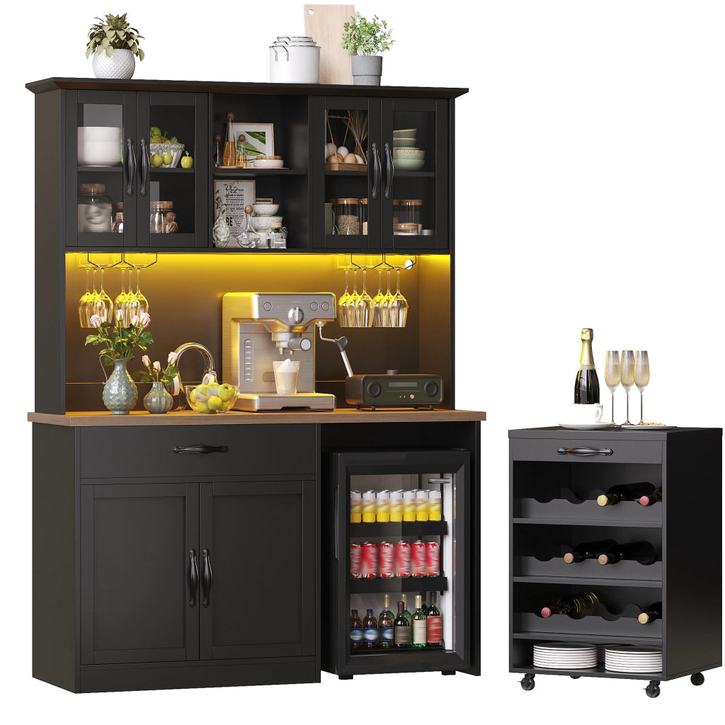 Armadio cucina 140 cm con carrello estraibile, illuminazione LED dimmerabile, 4 ante in vetro, cassetto e portabottiglie, nero