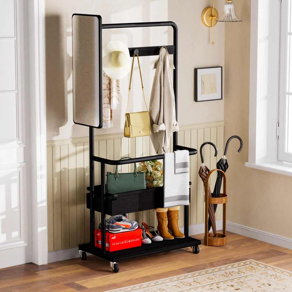 Armadio modulare aperto con vano appendiabiti; specchio e ruote - per ingresso - 70×40×170 cm - nero