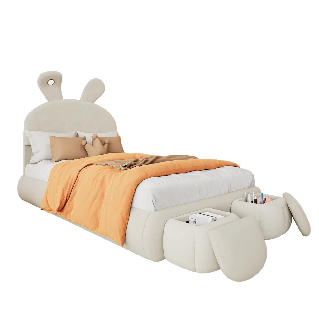 Letto per bambini 90 × 200 cm con LED regolabile e 2 pouf contenitore; senza materasso; in velluto beige