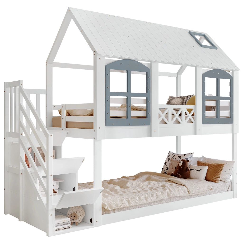 Letto a Castello 90x200 cm con Tetto; Finestre e Scala con 3 Scomparti in Legno e MDF
