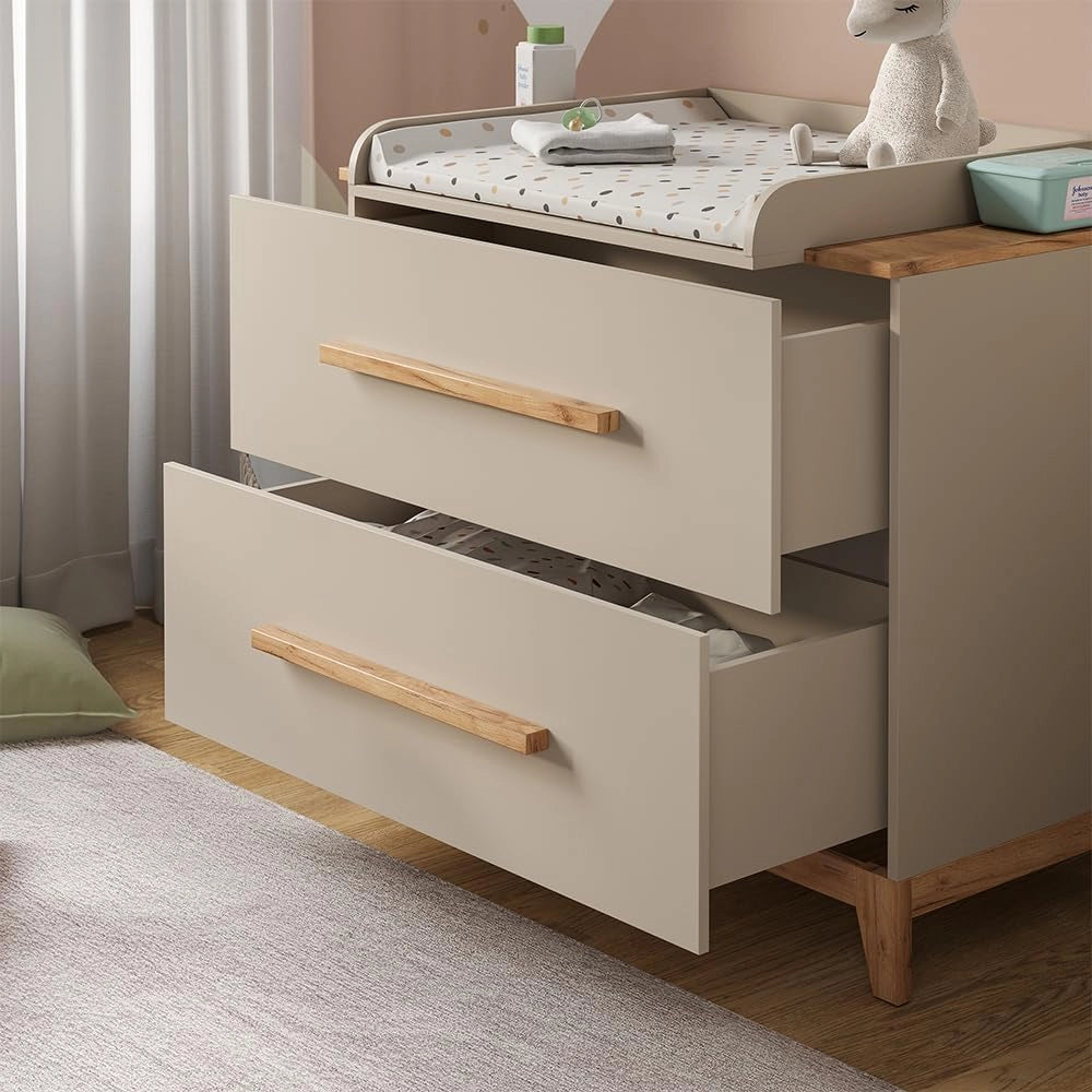 Fasciatoio Malia, Cashmere/Artigianale, 108 x 98 cm con 2 cassetti, con fasciatoio rimovibile per l'utilizzo come cassettiera