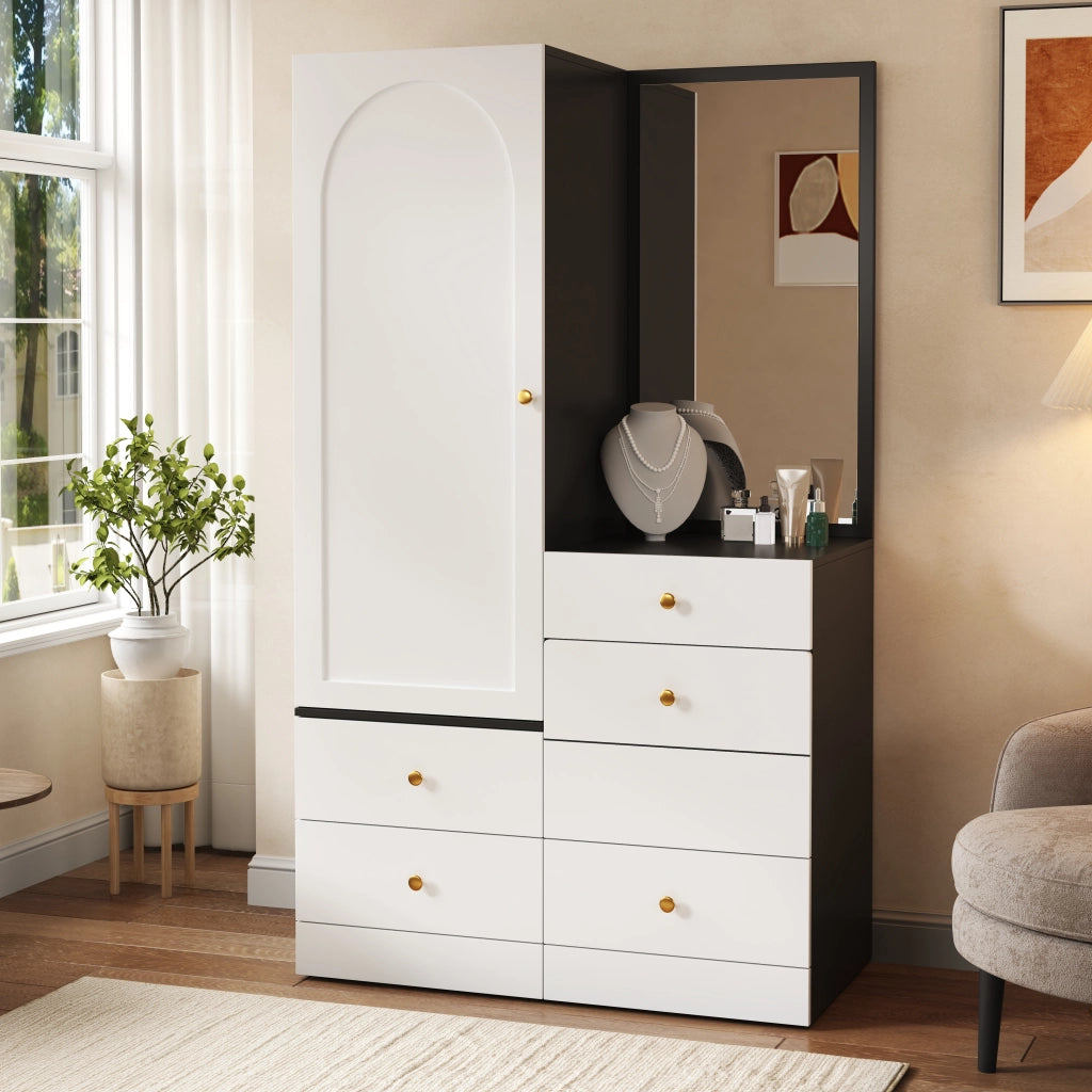 Toeletta con armadio; specchio intero; 1 anta e 4 cassetti - per camera da letto - in MDF - nero e bianco - 90×50.5×160 cm
